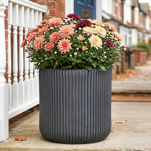 Image of IDEALIST 35cm Planter | Ribbed Black Reinforced Stone Outdoor Plant Pot with Drainage Holes D35 H37 cm, with Inner Top D32 cm, 28 litres