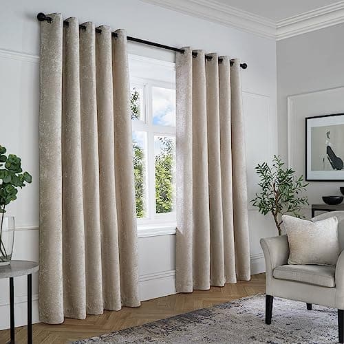 Image of Curtina - Cream Woven Curtains W66 x L54 (168 x 137cm) - Ivory Eyelet Textured Chenille Curtains in Beige - Luxury Drapes for Bedroom/Living Room - Weave Drapes