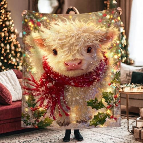 Image of Calf Throw Blanket, Christmas Fanciful Scarf Holly Xmas White Flannel Blanket Soft Lightweight Decorative for Couch Sofa Bed Office Chair Recliner 40x60 Inch