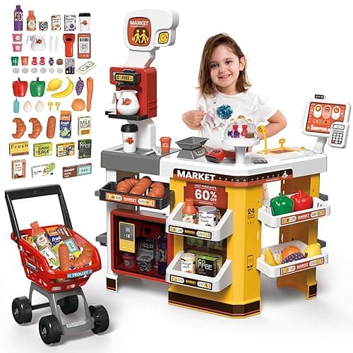 Image of deAO Supermarket Playset for Kids,66 PCS Grocery Store Playset Pretend Play with Kids Shopping Cart,Cash Register,Play Food Accessories,Christmas Birthday Gift (Red)