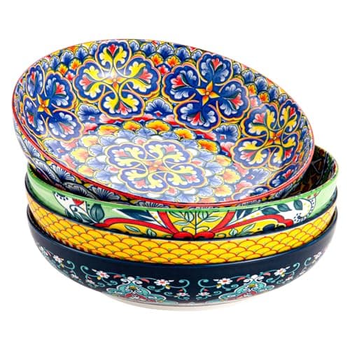 Image of HENXFEN LEAD Pasta Bowls 45oz, Porcelain Salad Bowls Set of 4, Colourful Large Serving Bowls for Pasta, Noodles, Salad, Soup, Bohemian Style