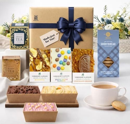 Image of Afternoon Tea Hamper Gift Box – Birthday Treat Box with English Tea, Mini Cakes, Flapjacks & Biscuit Sweet Treats – Cakes and Desserts Selection by Hattie’s Gifts