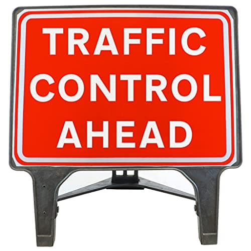 Image of Traffic Control Ahead 1050x750mm Road Sign - Plastic Temporary Road Street Traffic Safety Sign for Road and Street Works - Freestanding with Reflective Sign Face