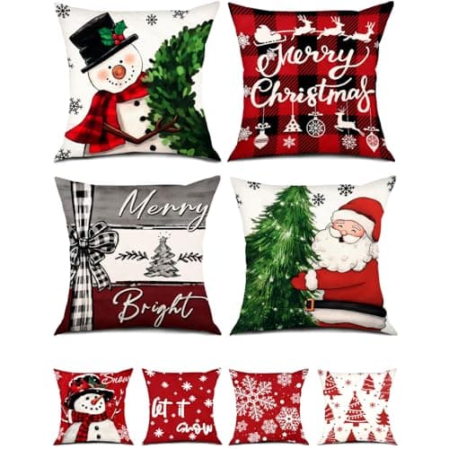 Image of ASTNIC Christmas Cushion Covers Set of 4, 45 x 45 cm Red Xmas Cushion Covers Snowflake Snowman Santa Claus Pillow Cover Winter Christmas Pillow Cases for Living Room Sofa Home Xmas Decorations