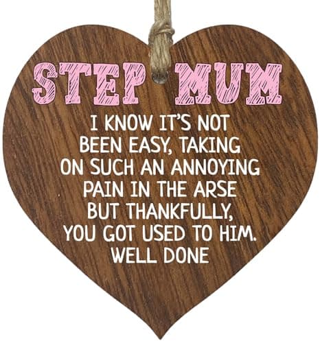 Image of Step Mum Gifts from Daughter Son - Well Done - Best Step Mum Gifts, Presents for Step Mum, Hanging Wooden Heart Sign Plaque, Birthday Gifts for Mum Gift, Mothers Day - Dark Wood Hearts Sign