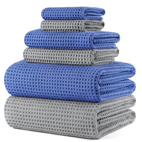 Image of POLYTE 430 gsm Microfibre Quick Dry Lint Free Oversize Bath Towel Set, 6 Piece (Waffle Weave)