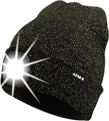 Image of ATNKE LED Lighted Beanie Cap,USB Rechargeable Running Hat Ultra Bright 4 LED Waterproof Light Winter Warm Gifts for Men and Women/Blended Black Goldwire