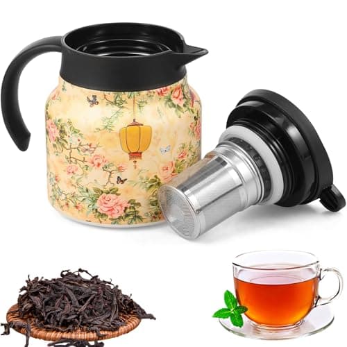 Image of Vintage Floral Pattern Teapot,800ml Tea Thermal with Infuser and Handle, Stainless Steel Carafe Teapot,Floral Teapots Insulated Flask Mini Coffee Pot for Home Office(Style 4)