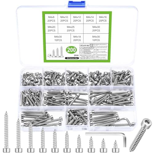 Image of 200 Pcs M4 Hex Head Self Tapping Screws, Stainless Steel Cylindrical Allen Hex Socket Head Cap Screws, Self-tapping Fasteners Assortment Kit for DIY Project Woodwork Metal