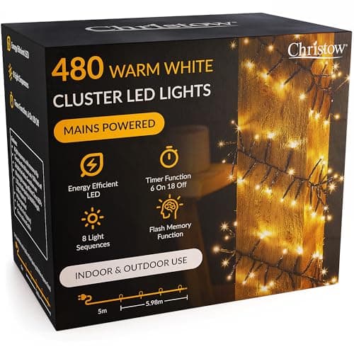 Image of CHRISTOW 480 LED Cluster Christmas Tree Lights, Warm White Fairy Lights with Timer, 8 Light Modes, Energy Efficient 3mm Micro LEDs, Indoor & Outdoor, Mains Powered, Green Cable, 5.98m Lit Length