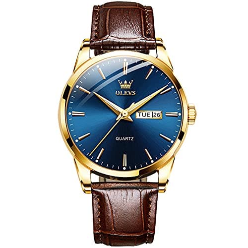 Image of OLEVS Men's Watch Brown Leather Stainless Steel Men's Wrist Watches Classic Blue Face Adjustable Strap Analog Quartz Watches for Mens Casual Simple Waterproof Luminous Calendar Gent Watch