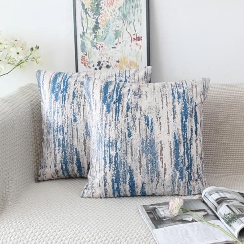 Image of NIULAA Velvet Blue Cushion Covers 18x18 Double Sided Vintage Cushion Cover 45cm x 45cm Set of 2 Soft Art Deco Pillow Cases Abstract Decorative Pillows for Bed Sofa Living Room