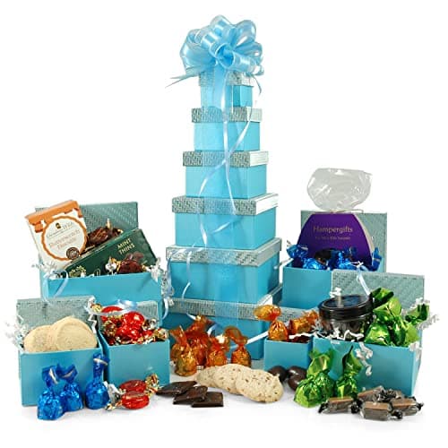 Image of Chocs & Cookies Gift Tower | 41cm 6-Tier Luxury Chocolate Hamper with Award-Winning Biscuits, Buchanan's Fudge & Pralines | Reusable Turquoise Boxes