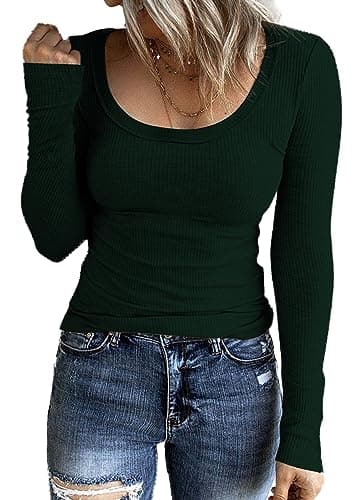 Image of TrendiMax Womens Long Sleeve Knitted Tops Ladies Crew Neck Fitted Tunic T Shirts Dark Green