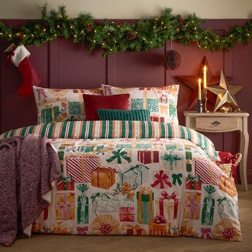 Image of furn. All Wrapped Up Duvet Cover Set – Reversible Christmas Bedding with Presents and Stripe Design (Emerald/Red - King)