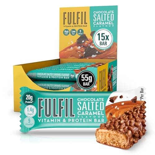 Image of FULFIL Vitamin and Protein Bars, Chocolate Salted Caramel Flavour, Up to 20g High Protein Snacks, 9 Vitamins, Low Sugar FULFIL Protein Bars, 15 x 55 g