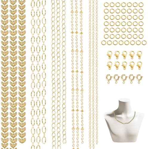 Image of 5 Styles 14k Gold Plated Necklace Chains, VEINARDYL 16.4ft Gold Necklace Chain for DIY Jewelry Making, Gold Plated Bracelet Chain Bulk with Lobster Clasps and Jump Rings Connectors
