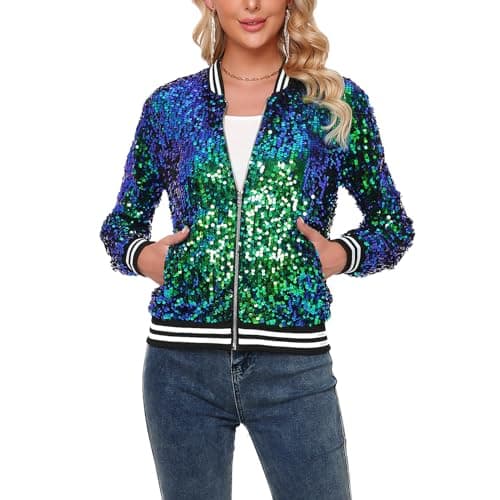 Image of YYPBI Women's Sequin Jacket with Pockets Long Sleeve Front Zipper Metallic Festival Party Bomber Jacket Green S