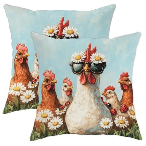 Image of Charming Chicken Pillow Covers Set of 2, White Hen Floral Throw Pillow Case, Spring Farmhouse Decorative Cushion Covers for Home Living Room Couch 20x20 Inch