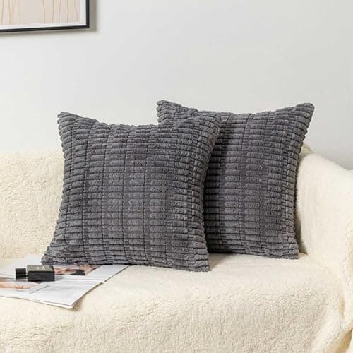 Image of SHENGRUI Grey Cushion Covers 45cm x 45cm with Invisible Zip for Room Decor, Chain Corduroy Fabric for 45x45 Cushions, Set of 2 Soft Cushion Covers