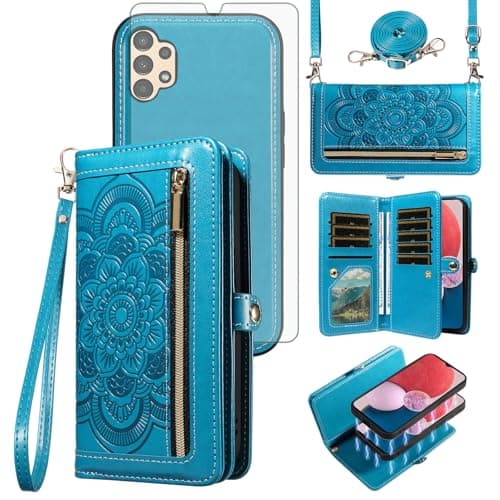 Image of Asuwish Phone Case for Samsung Galaxy A13 4G Zipper Wallet Magnetic Detachable Cell Cover with Tempered Glass Screen Protector Crossbody Strap Flower Card Holder A 13 LTE 2022 13A SM-A135U Women Blue