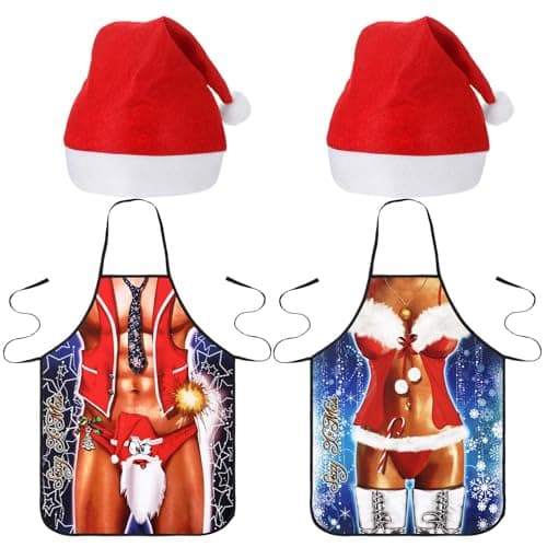 Image of Hestya 4 Pcs Christmas Funny Apron and Hat Set Wife and Husband Novelty Sexy Aprons Xmas Funny Gift Apron for Men Women Christmas Dinner Party BBQ Cooking (Xmas 3)