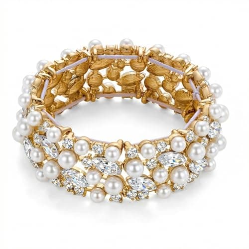 Image of TOVABA Gold Pearl Bracelet For Women, Marquise Cut Crystal Rhinestone Hollow Round Bangle, Hypoallergenic Fashion Jewellery Gift