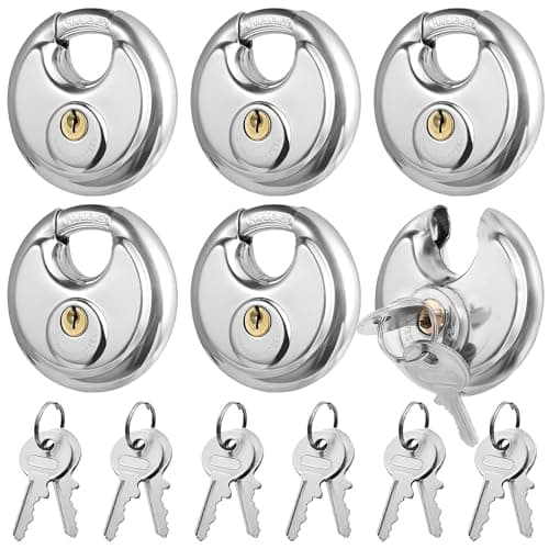 Image of 6 Pack Round Disc Padlock, Heavy Duty Outdoor Discus Lock with Keys, Stainless Steel Shackle Keyed Padlocks, Waterproof Security Locks for Storage Unit Sheds Garages Gym Fence