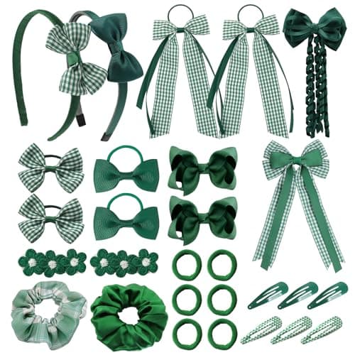 Image of Xerteam 28 Pcs Hair Accessories for Girls, Bow Hair Clips Headband Hair Bands Ribbon Ponytail Holder, Kids School Hair Accessories Gift Set for Daily Make-up (Green 1)