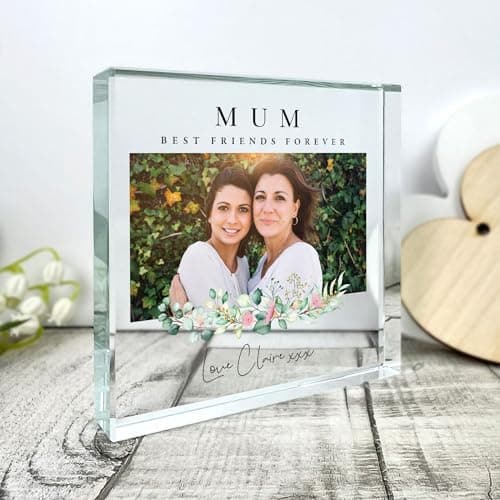 Image of Personalised Floral Glass Photo Crystal Token - Custom Message & Name | Freestanding Solid Glass Block - Birthday, Anniversary, Mother’s Day, Wedding Gift | Keepsake for Special Occasions | 9x9x2cm