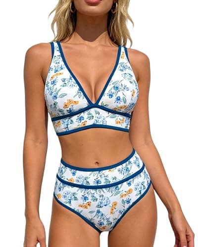 Image of EOAMGO Women’s Bikini Set, Two Piece High Waisted Bikini Swimsuit with Deep V Neck Wide Strap Top, Tummy Control Bottom (UK, Alpha, XL, Regular, Regular, Blue Flower)