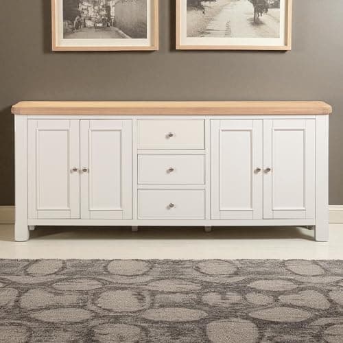 Image of Extra Large Sideboard Cabinet, Oak Top Cream Painted, 4 Doors 3 Drawers, Living Room Storage Unit, Pre-Assembled 200cm