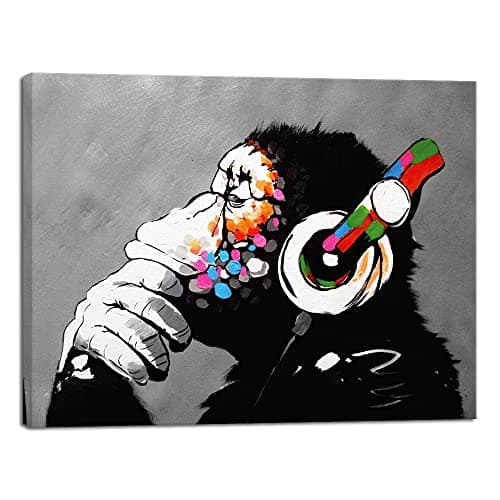 Image of Wieco art Monkey With Headphones Banksy DJ Chimp Pop Art Cool Ape Abstract Canvas Prints for Living Room Bedroom Home Decor Stretched Artwork
