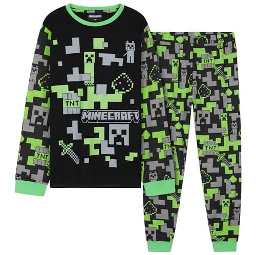 Image of Minecraft Boys Pyjamas Set - Cotton Lounge Wear Long Top and Bottoms Teenagers Kids PJs 7-14 Years Gamer Gifts for Boys (Black/Green, 13-14 Years)