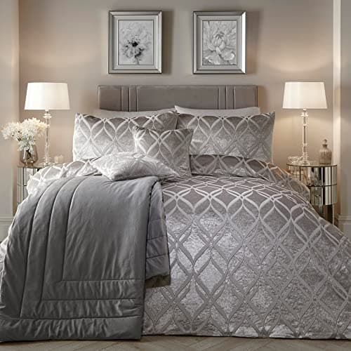 Image of SOIREE Silver Ogee Velvet Duvet Cover – King Size (230x220cm) – Luxury Jacquard Bedding Set – 2 Pillowcases – Soft & Glamorous Bedroom Decor