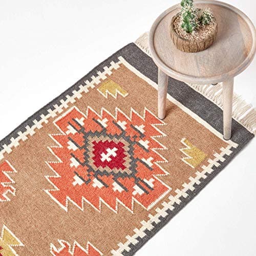 Image of HOMESCAPES Jaipur Brown, Orange & Grey Handwoven Kilim Runner Rug for Hallway Traditional Wool Rug with Fringe, Runner 66 x 200 cm