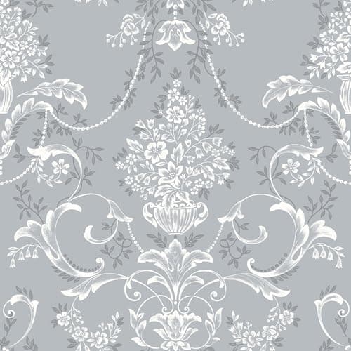 Image of SOPHIE LAURENCE Rasch Amelie Damask Floral Blue White Wallpaper for Bedroom and Living Room Decor, Elegant Wall Covering, 10m Roll