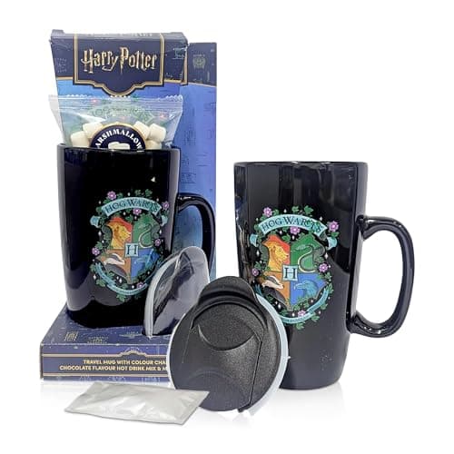Image of Harry Potter Mug & Hot Chocolate Gift Set - Ceramic Travel Mug with Colour Changing Hot Chocolate Drink. Harry Potter Gifts for Stocking Fillers, Christmas Gifts for Kids (Black)