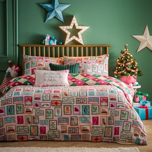 Image of furn. Dear Santa Duvet Cover Set – Reversible Geometric Christmas Bedding with Stamps Design (Multicolour - Single)