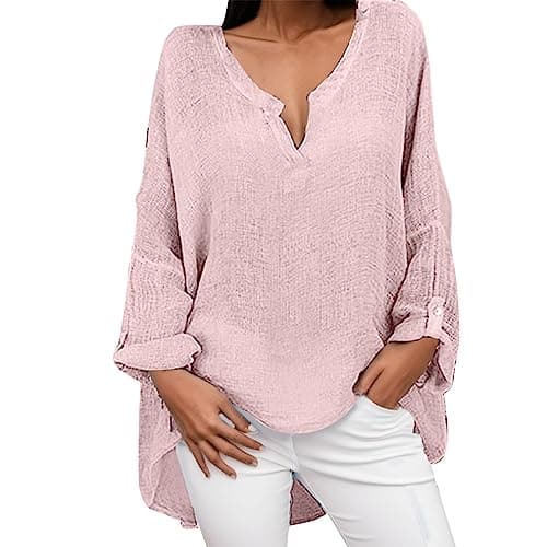 Image of Womens 2025 Loose Fit Linen Gauze Tops Rolled Up Oversized Cotton Summer Shirts Long Sleeve V Neck 3/4 Sleeve Sheer High Low Blouses Embroidered Boho Casual Breathable Solid Color Pink