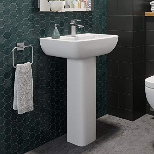 Image of Bathroom Wash Basin Sink Full Pedestal Floor Standing 1 Tap Hole Curved Gloss White Modern