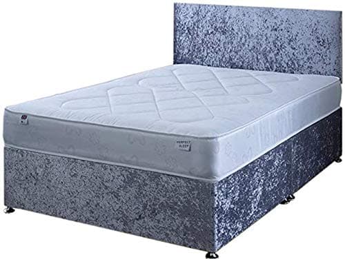 Image of Perfect Sleep 4FT6 Double Silver Crushed Velvet Divan Bed Set Including Deep Quilt Mattress And Headboard