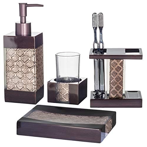 Image of Creative Scents Bronze Bathroom Accessories Sets Complete - Decorative Bathroom Accessory Set - 4 Pc Bathroom Set Includes: Soap Dispenser, Toothbrush Holder, Tumbler and Soap Dish (Dahlia Collection)