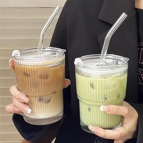 Image of Pack of 2 400 ml Glass Cups with Lid and Straw, Smoothie Cup with Straw, Airtight Waterproof Design Travel Mug, Iced Coffee Glasses, Bubble Tea Beaker