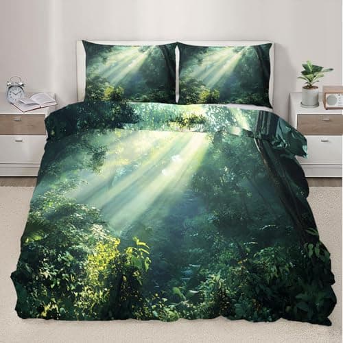 Image of XEODIAT Forest Double Duvet Set Sunshine Soft Microfiber Duvet Cover Set Natural Landscape Bedding Double Bed Set with 2 Pillowcases, Ultra Comfortable Quilt Cover with Zipper Closure