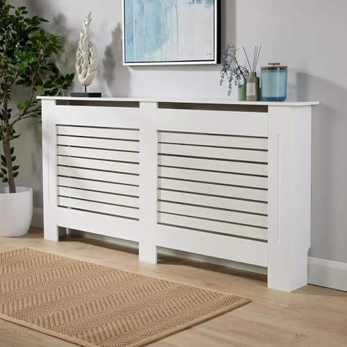 Image of Home Source Radiator Cover Wooden Wall Cabinet Shelf Slatted Grill, White, Extra Large 172cm
