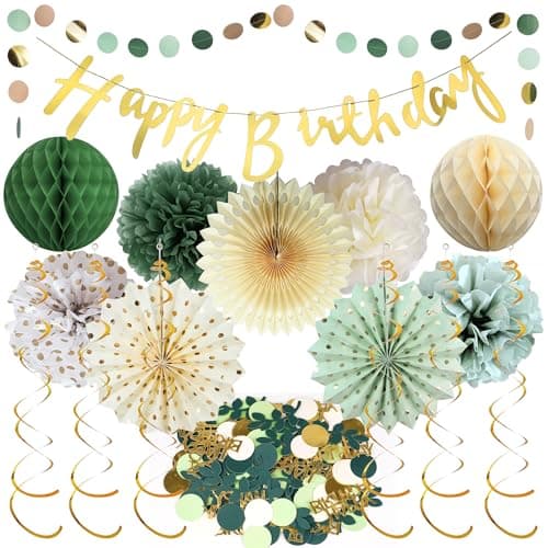 Image of Sage Green Birthday Decorations Women - 18 Pcs Gold Banner Garland Honeycomb Balls Retro Paper Pom Hanging Swirls Paper Flower Balls Fans Green Slices For Girls Women Birthday Party Decor Supplies