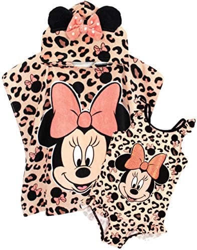 Image of Disney Minnie Mouse Girl’s Swimsuit & One Size Hooded Towel Poncho Set | Kids Swimming Costume | Children’s Bath Towel with 3D Ears Gift Pink