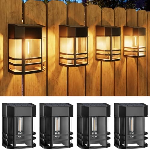 Image of Woolmug 4 Pack Solar Fence Lights Outdoor Garden, Waterproof Retro LED Wall Lights, Auto On/Off Solar Lights Outdoor Garden Fence Lighting for Patio Decking Gate Yard Decoration, Warm White