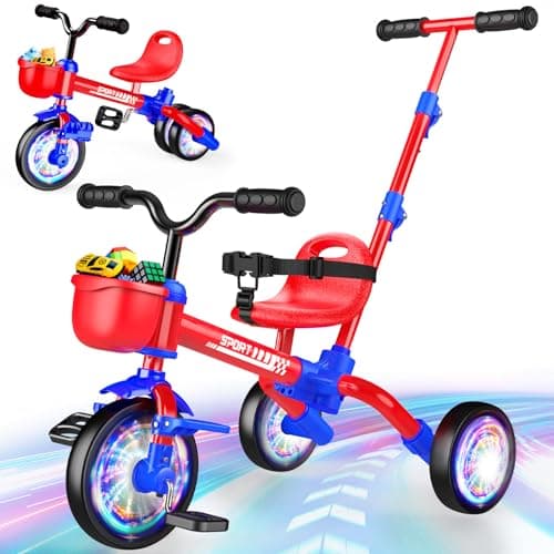 Image of 5-in-1 Toddler Tricycle for 1-5 Years Old, Balance Bike with Removable Pedals, Adjustable Parent Push Handle & Seat belt, Adjustable Seat with Basket, Outdoor Riding Toys Birthday Gifts for Boys Girls